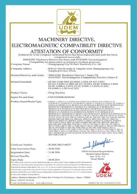 Çin Zhangjiagang City FILL-PACK Machinery Co., Ltd Sertifikalar